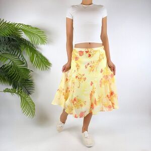 Vintage 90s Pastel Floral Cottagecore Low Rise Fairycore Ruffle Midi Skirt / M